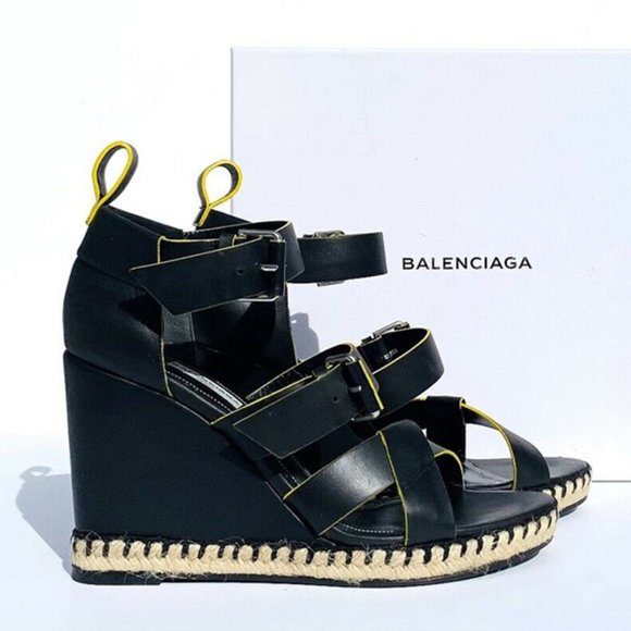 Balenciaga Shoes - New Balenciaga Black Leather Wedge Espadrilles Sandals Platform Shoes 40 | US 10